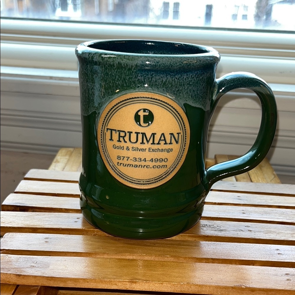 Deneen Pottery Hand Thrown Green Drip Straight Side Ceramic Mug